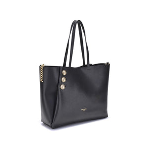 Black handbag with gold chain and buttons on a white background