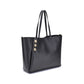 Black tote bag with gold buttons on a white background