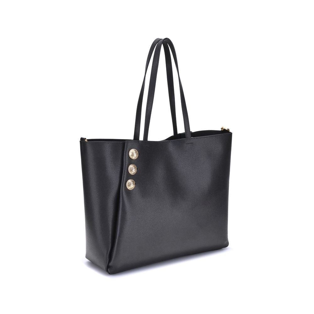 Black tote bag with gold buttons on a white background