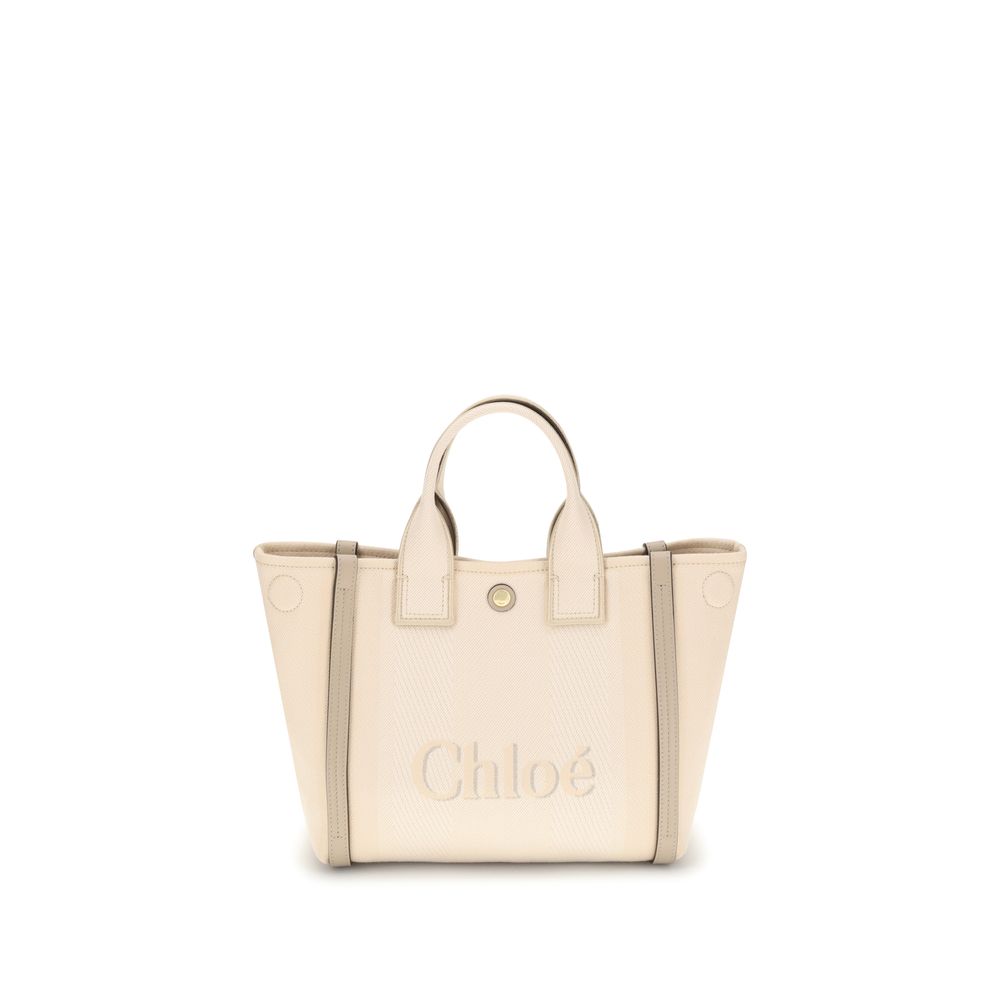 Beige handbag with 'Chloe' branding on a white background