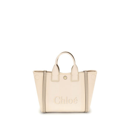Beige handbag with 'Chloe' branding on a white background