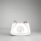 White handbag with a circular logo on a white background