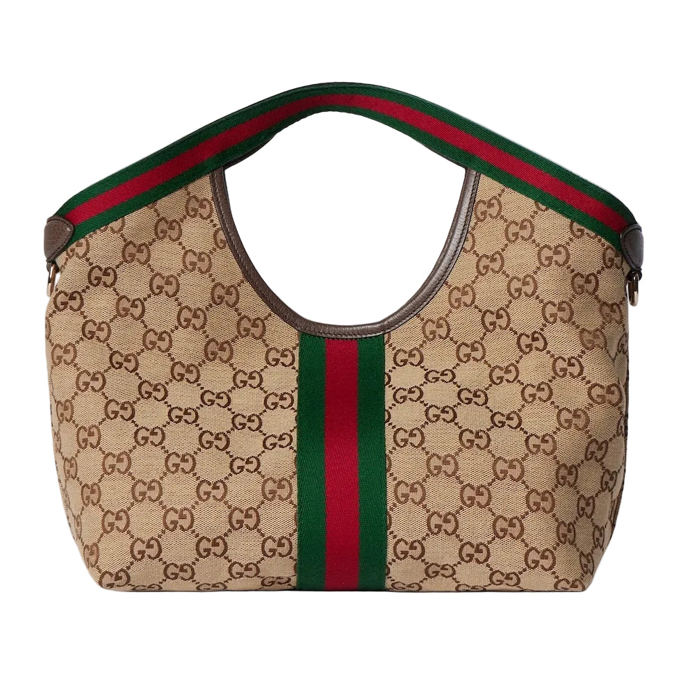Beige handbag with Gucci logo and red and green stripes on a light gray background