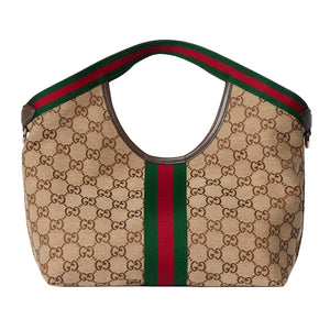 Beige handbag with Gucci logo and red and green stripes on a light gray background