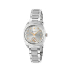 Silver Gucci watch on a light gray background