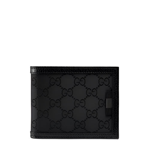 Black leather wallet with Gucci logo pattern on a white background