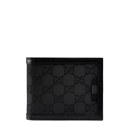 Black leather wallet with Gucci logo pattern on a white background