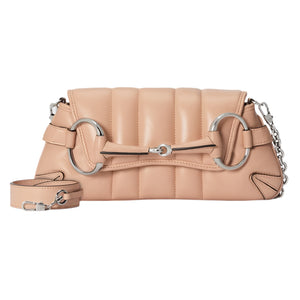 Beige Gucci Horsebit handbag with silver hardware on a light gray background