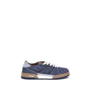 Blue sneaker with brown accents on a white background
