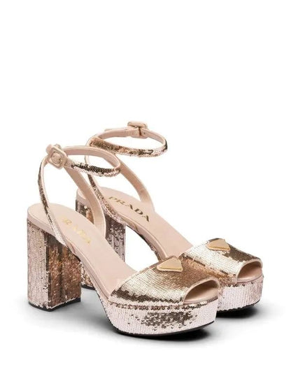 Prada 95 Sequin Block Heel Platform Sandal Gold Enamel Size 38