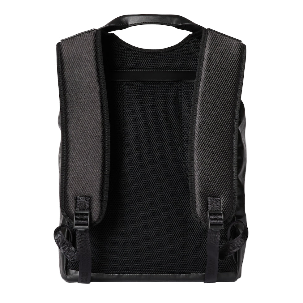 Black backpack on a light gray background