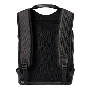 Black backpack on a light gray background