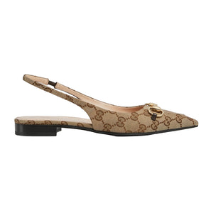 Beige and brown Gucci GG patterned slingback shoe on a light gray background