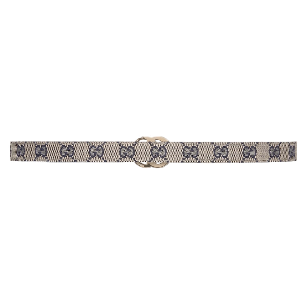 Beige belt with black pattern and gold buckle on a white background