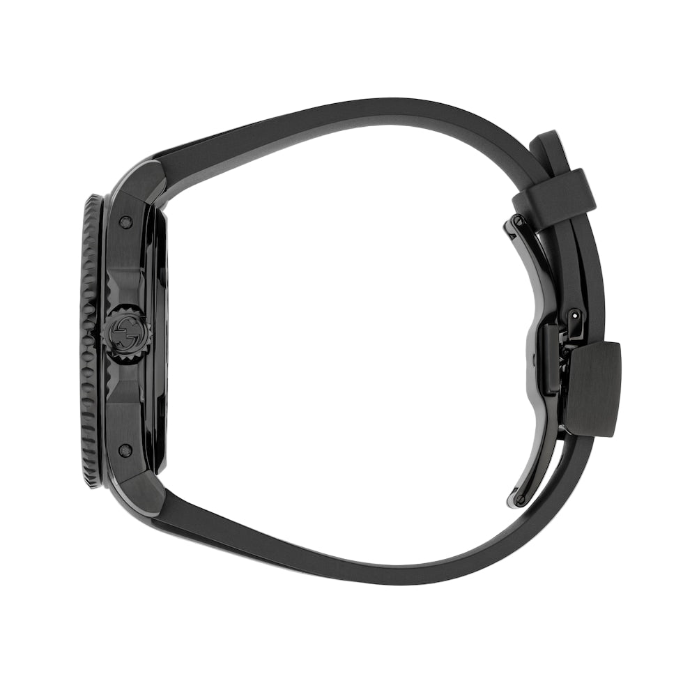 Close-up of a black watch strap on a light gray background