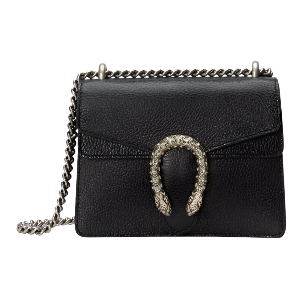 Black leather handbag with chain strap and decorative clasp on a white background