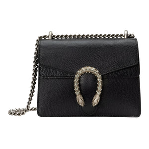 Black leather handbag with chain strap and decorative clasp on a white background