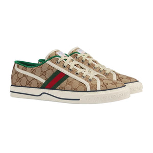 Beige sneaker with Gucci logo and green and red stripes on a white background