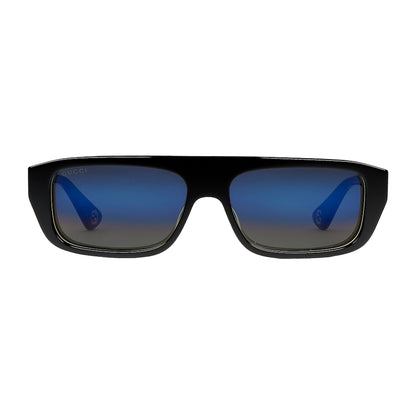 Black sunglasses with blue-tinted lenses on a light gray background