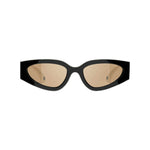 Black cat-eye sunglasses with gold lenses on a white background
