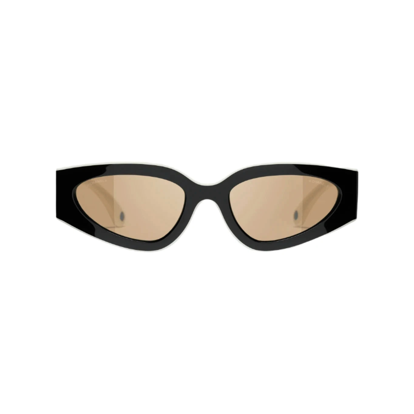 Black cat-eye sunglasses with gold lenses on a white background