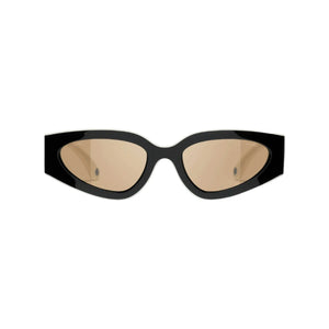 Black cat-eye sunglasses with gold lenses on a white background