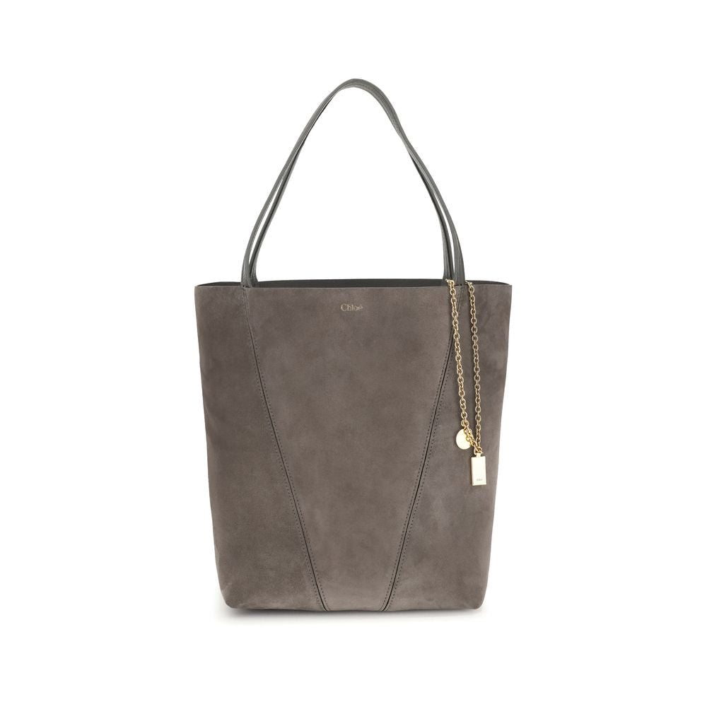 Gray tote bag with a gold chain detail on a white background
