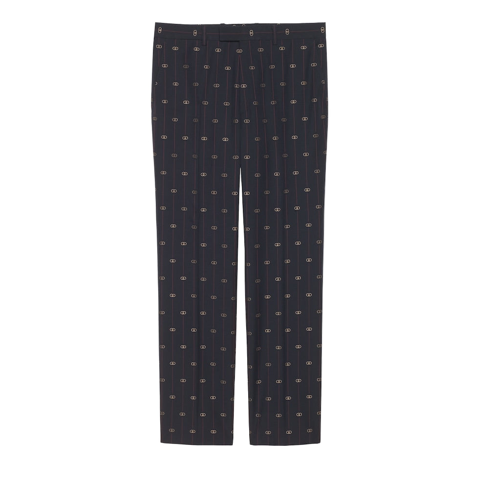 Black pants with a subtle pattern on a light gray background