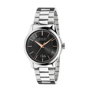 Gucci  automatic watch with black face and silver metal strap on a white background