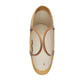 Woven sandal with tan strap on a light gray background