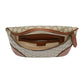 Designer handbag with patterned fabric and brown accents on a light gray background