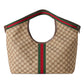 Beige Gucci bag with red and green stripes on a light gray background