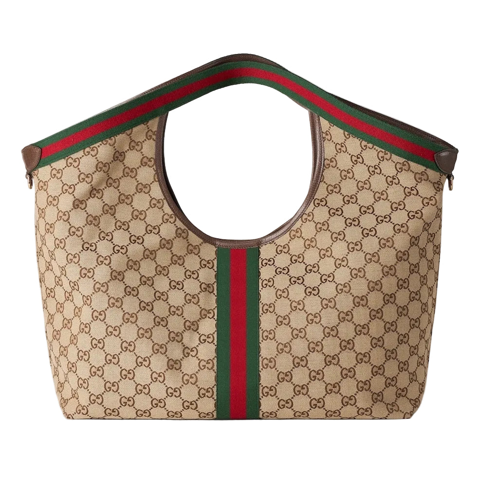 Beige Gucci bag with red and green stripes on a light gray background