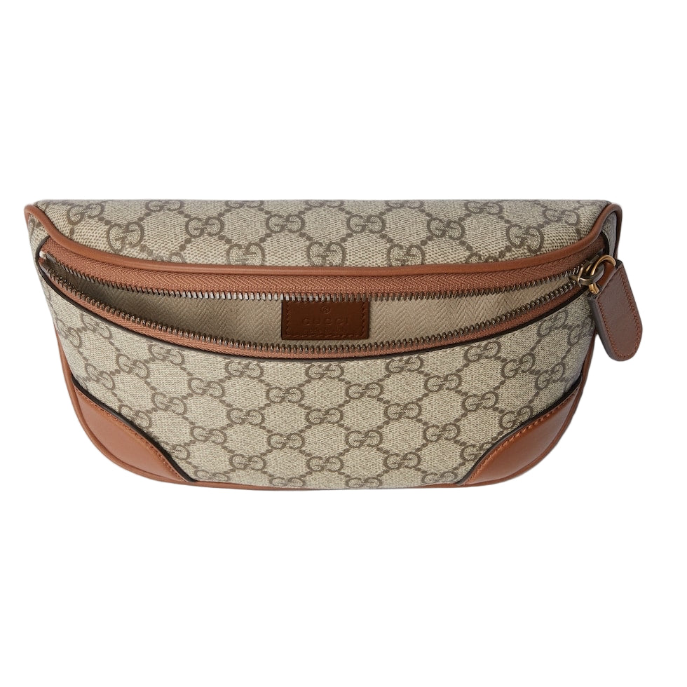 Patterned pouch with brown accents on a white background