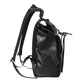 Black backpack with a pattern on a light gray background