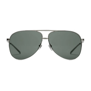 Aviator sunglasses with dark lenses on a light gray background