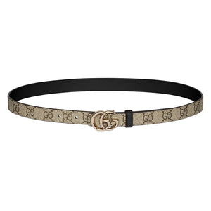 Designer belt with brand logo on a light gray background
