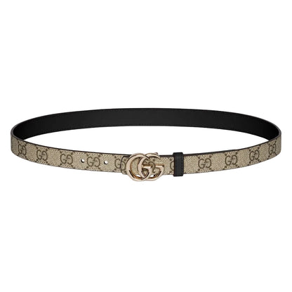 Designer belt with brand logo on a light gray background