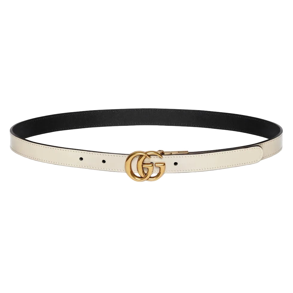 Black and white belt with a gold double G buckle on a light gray background
