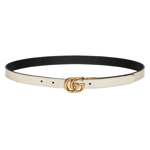 Black and white belt with a gold double G buckle on a light gray background