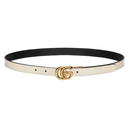 Black and white belt with a gold double G buckle on a light gray background