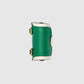 Green leather case with gold accents on a light gray background