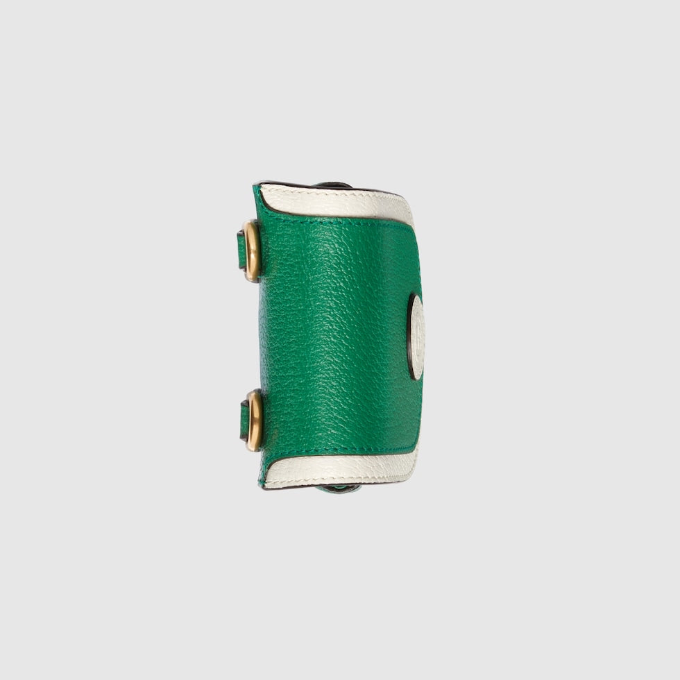 Green leather case with gold accents on a light gray background