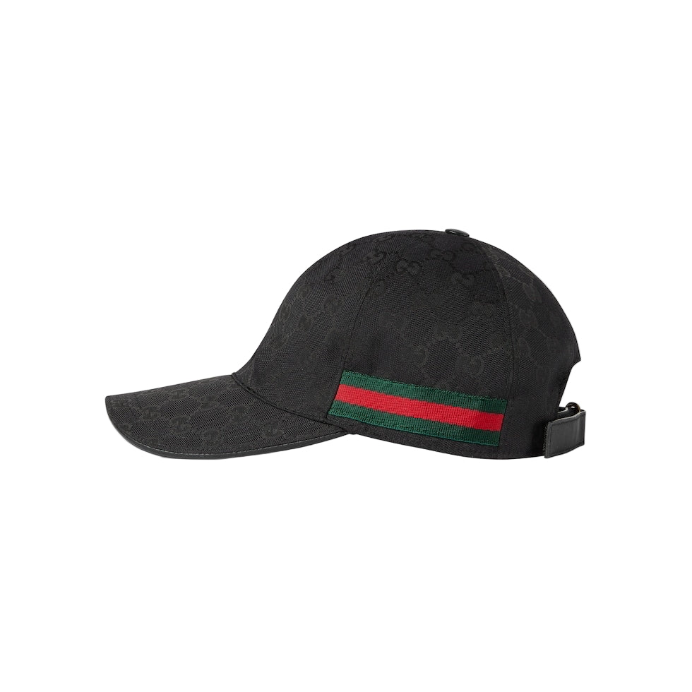 Black cap with a red and green stripe on a light gray background