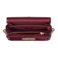 Maroon handbag with gold accents on a light gray background