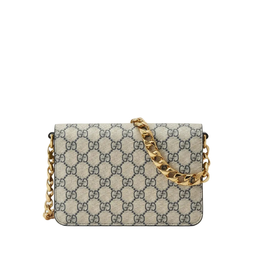 Designer handbag with gold chain strap on a light gray background