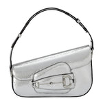 Silver Gucci horsebit handbag with a black handle on a light gray background