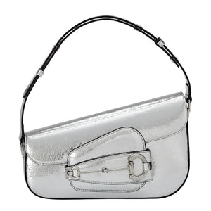 Silver Gucci horsebit handbag with a black handle on a light gray background