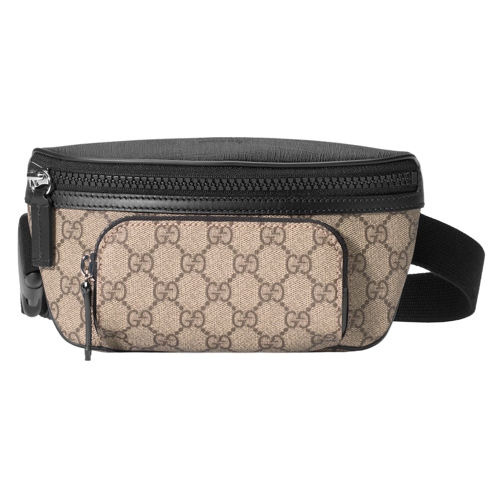 Gucci waist bag with monogram pattern on a light gray background