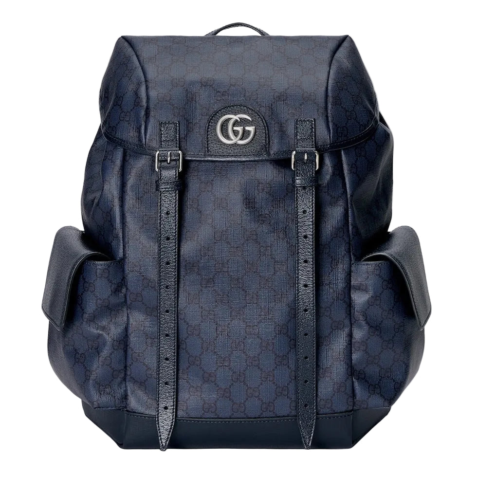 Blue patterned backpack with a brand logo on a light gray background
